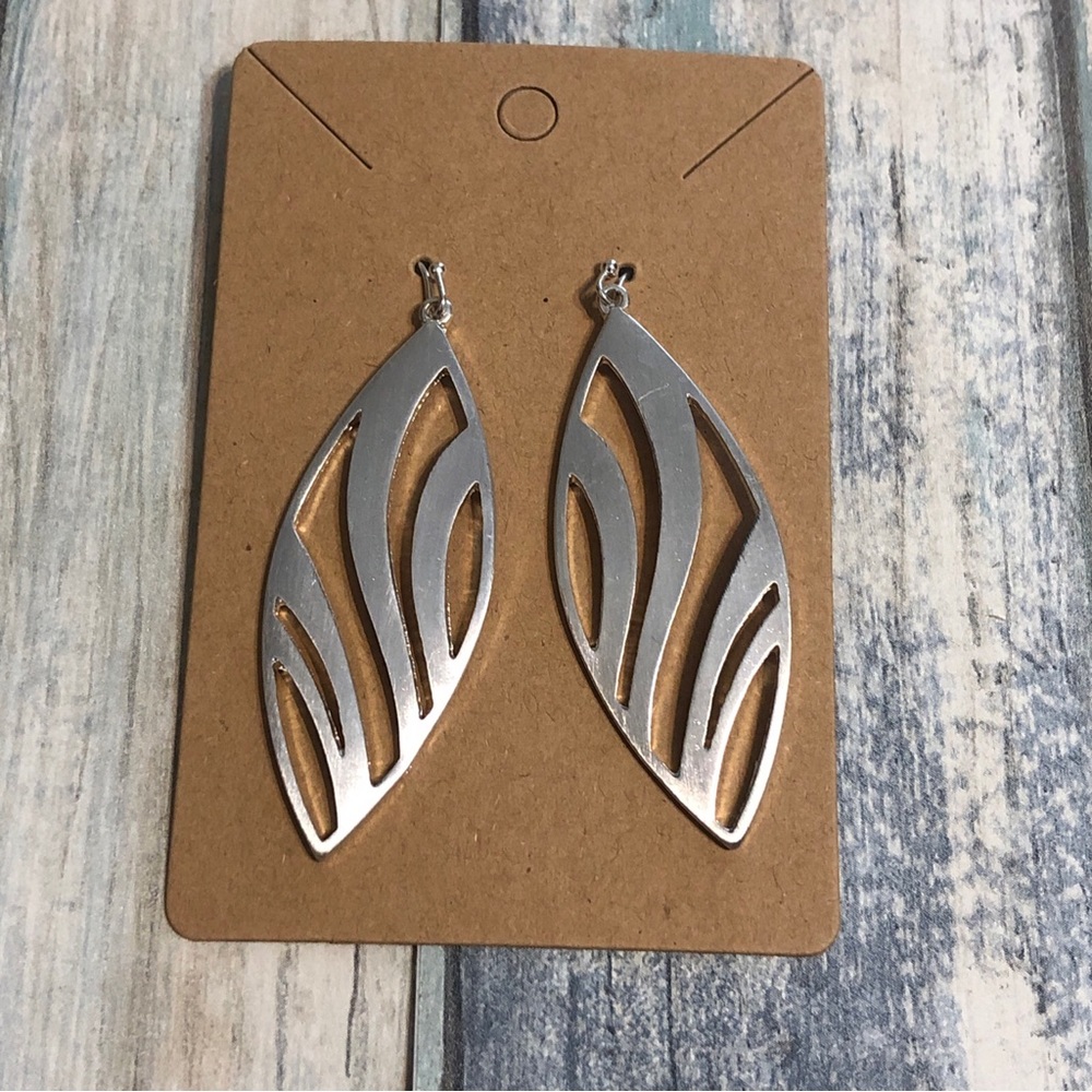 Satin Finish Oval Drop Dangle EARRINGS Silver Tone‎ 2" Cutout design